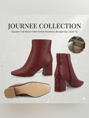 Journee Collection Square Toe Block Heel Ankle Booties - Burgundy Size 7.5